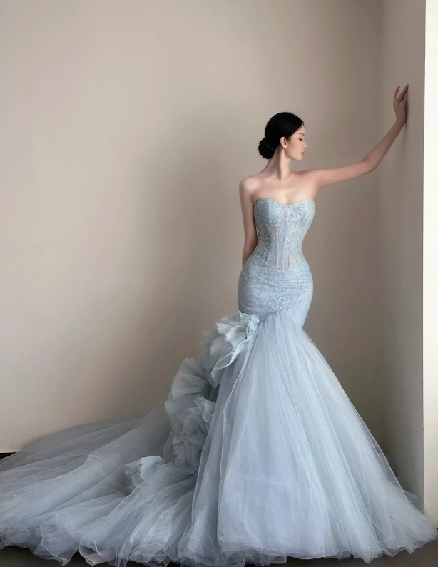 Gorgeous Blue Prom Dress Sheath Tulle Long Evening Dress ED11643