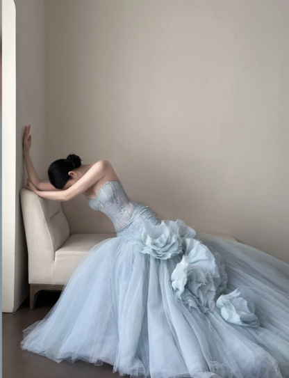 Gorgeous Blue Prom Dress Sheath Tulle Long Evening Dress ED11643