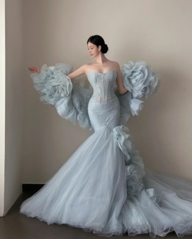 Gorgeous Blue Prom Dress Sheath Tulle Long Evening Dress ED11643
