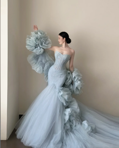 Gorgeous Blue Prom Dress Sheath Tulle Long Evening Dress ED11643