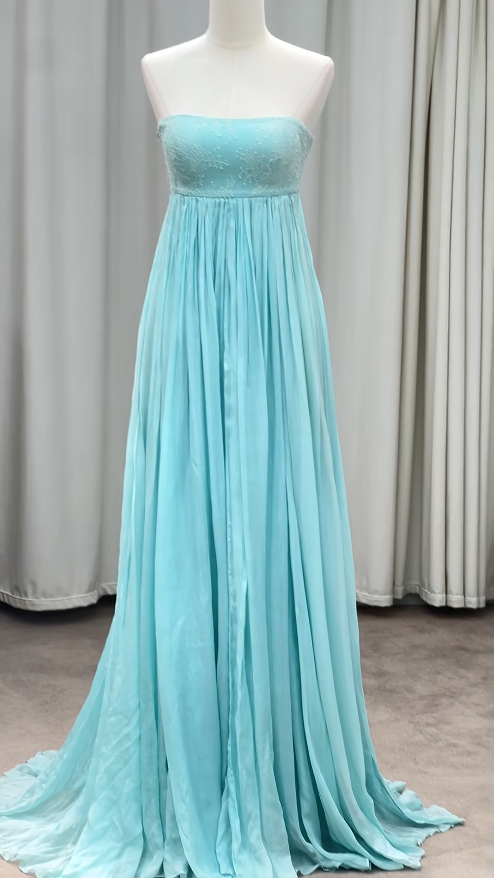 Magnifique robe de bal bleue sans bretelles, robe de soirée longue fourreau en mousseline ED11644