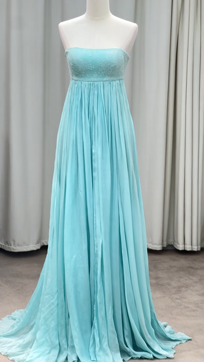 Magnifique robe de bal bleue sans bretelles, robe de soirée longue fourreau en mousseline ED11644