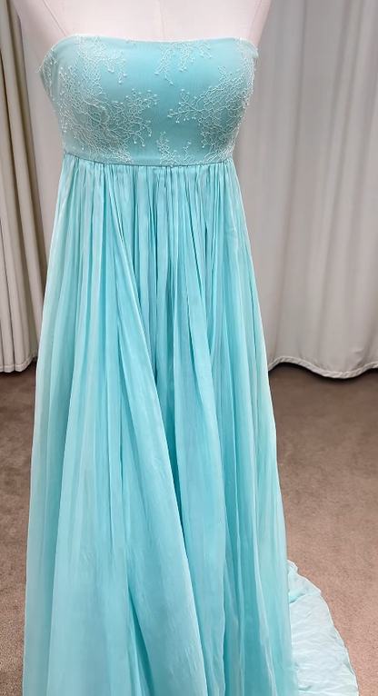 Magnifique robe de bal bleue sans bretelles, robe de soirée longue fourreau en mousseline ED11644
