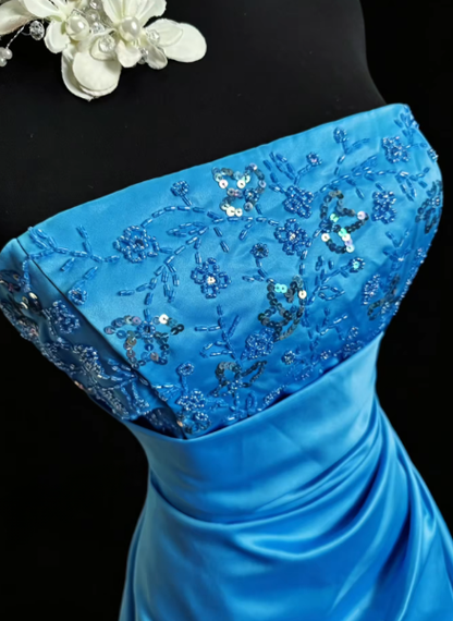 Superbe robe de bal longue bleu sans bretelles, coupe trapèze en satin, modèle ED11645