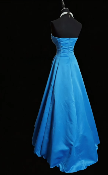 Superbe robe de bal longue bleu sans bretelles, coupe trapèze en satin, modèle ED11645