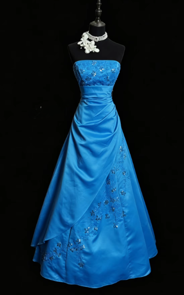 Superbe robe de bal longue bleu sans bretelles, coupe trapèze en satin, modèle ED11645