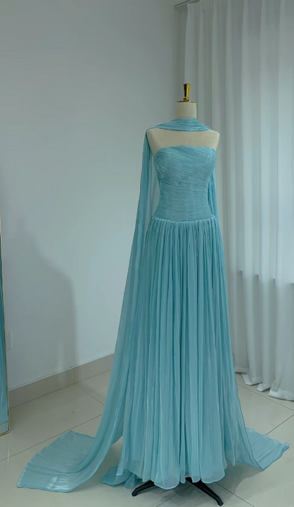 Gorgeous Strapless Blue Prom Dress Sheath Chiffon Long Evening Dress ED11646