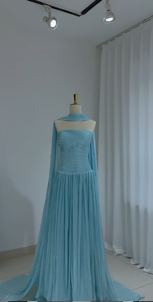 Gorgeous Strapless Blue Prom Dress Sheath Chiffon Long Evening Dress ED11646