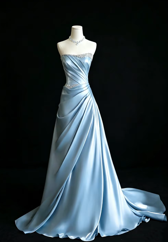 Gorgeous Strapless Blue Prom Dress Sheath Satin Long Evening Dress ED11647