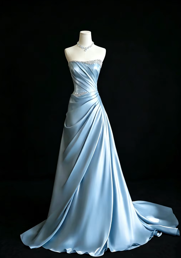 Gorgeous Strapless Blue Prom Dress Sheath Satin Long Evening Dress ED11647