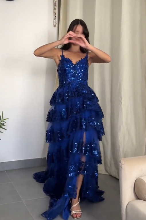 Robe de bal bleu magnifique, coupe fourreau en tulle à sequins, robe de soirée longue ED11648