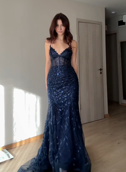 Gorgeous Navy Blue Prom Dress Sheath Tulle Sequins Long Evening Dress ED11650