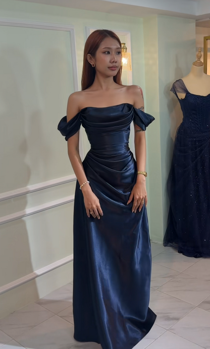 Wunderschönes marineblaues Abschlussballkleid, Etuikleid aus Satin, langes Abendkleid ED11651