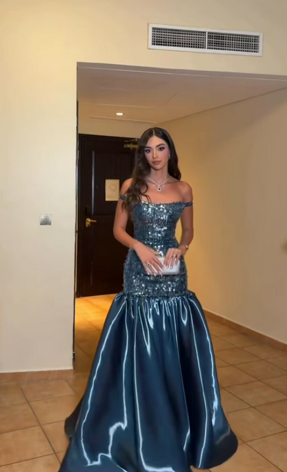 Robe de bal fourreau en satin bleu sarcelle foncé avec sequins, robe de soirée longue ED11652