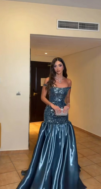 Robe de bal fourreau en satin bleu sarcelle foncé avec sequins, robe de soirée longue ED11652