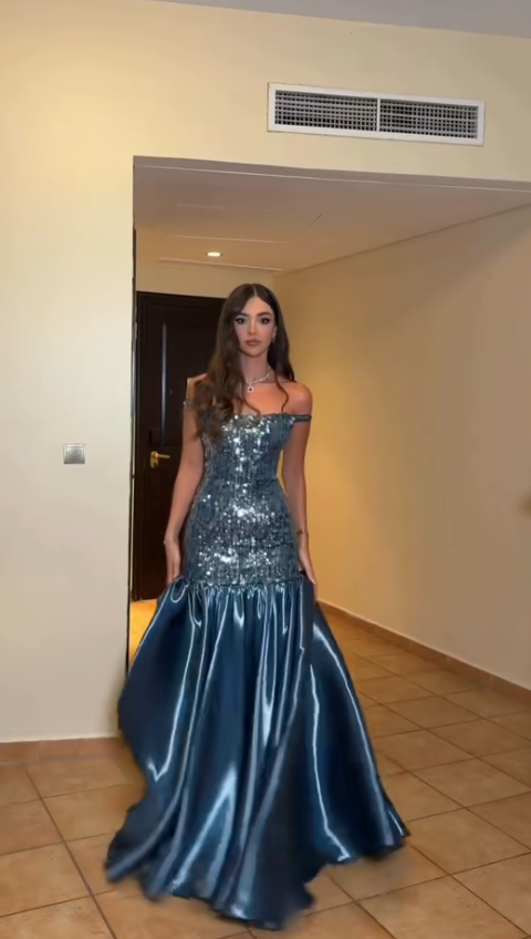 Robe de bal fourreau en satin bleu sarcelle foncé avec sequins, robe de soirée longue ED11652
