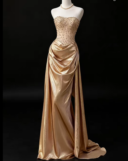 Robe de bal fourreau dorée magnifique en satin, longue robe de soirée ED11662