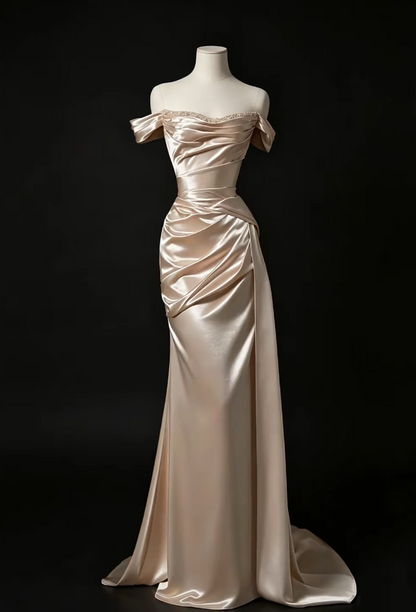 Gorgeous Champagne Gold Prom Dress Sheath Satin Long Evening Dress ED11663