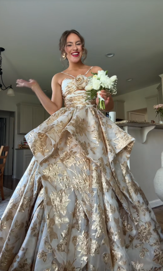 Gorgeous Gold Prom Dress A-Line Jacquard Satin Long Evening Dress ED11664