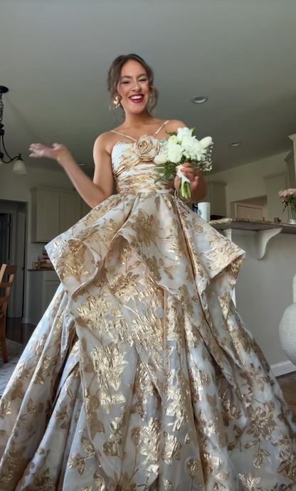 Gorgeous Gold Prom Dress A-Line Jacquard Satin Long Evening Dress ED11664