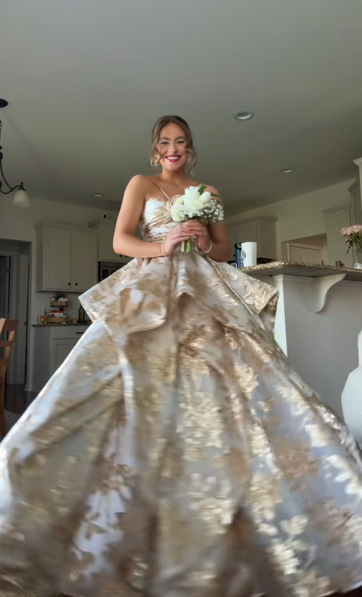 Gorgeous Gold Prom Dress A-Line Jacquard Satin Long Evening Dress ED11664
