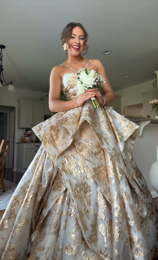 Gorgeous Gold Prom Dress A-Line Jacquard Satin Long Evening Dress ED11664