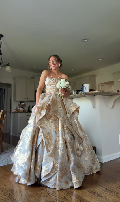 Gorgeous Gold Prom Dress A-Line Jacquard Satin Long Evening Dress ED11664