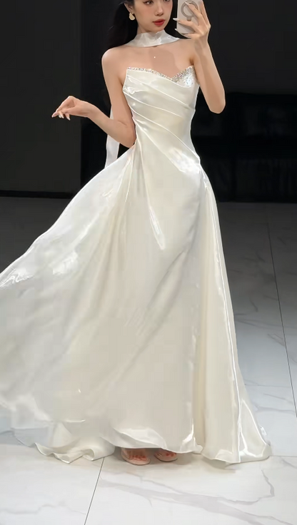 Wunderschönes A-Linien-Brautkleid mit herzförmigem Ausschnitt, lang, Weiß, Brautkleid aus Satin, ED11668