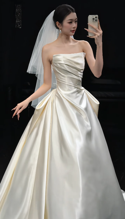 Pretty A-Line Strapless Long Wedding Dress White Bridal Dress Satin Bridal Dress ED11669