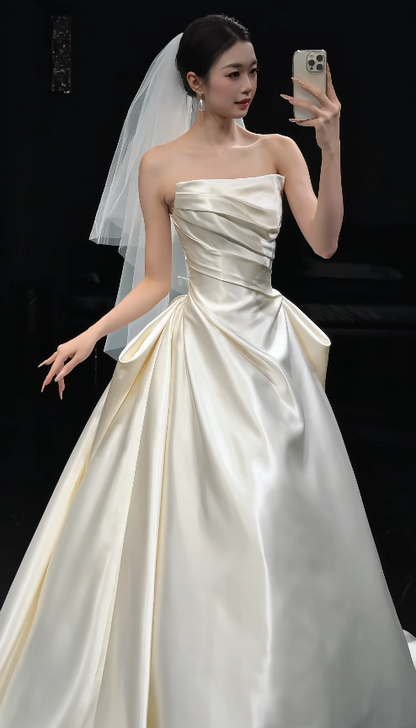 Pretty A-Line Strapless Long Wedding Dress White Bridal Dress Satin Bridal Dress ED11669