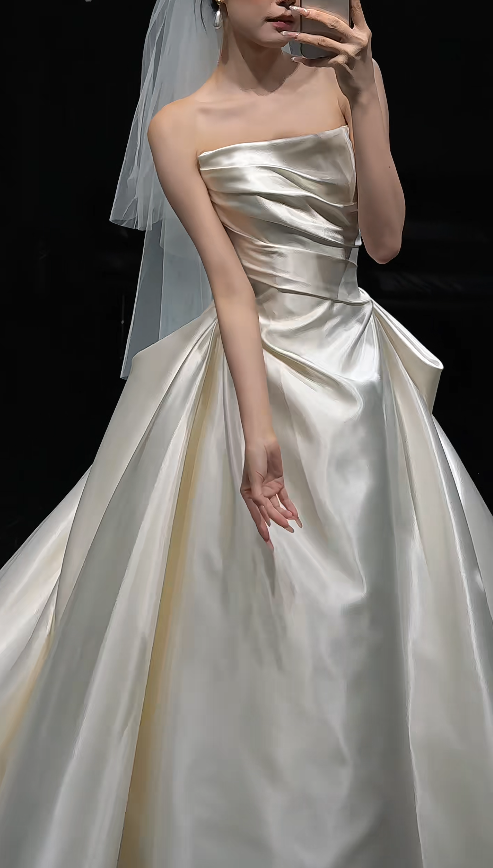 Pretty A-Line Strapless Long Wedding Dress White Bridal Dress Satin Bridal Dress ED11669