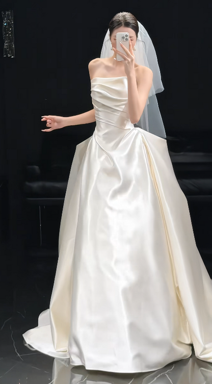 Pretty A-Line Strapless Long Wedding Dress White Bridal Dress Satin Bridal Dress ED11669