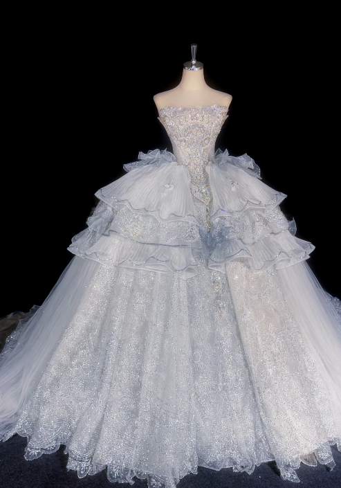 Jolie robe de mariée longue trapèze, robe de mariée bleu glace en tulle pailleté ED11670