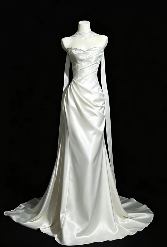 Pretty Sheath Long Wedding Dress White Bridal Dress Satin Bridal Dress ED11672