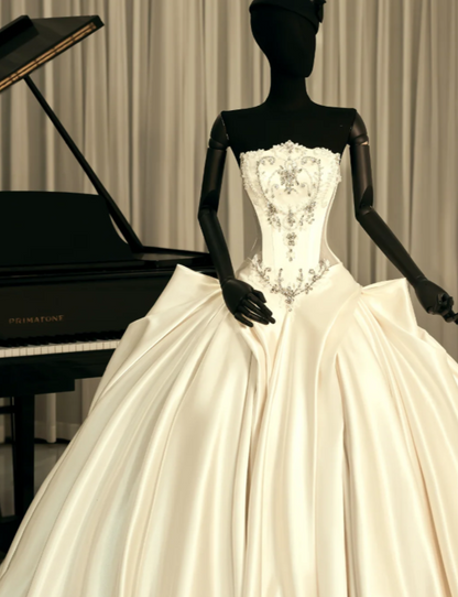 Pretty A-Line Strapless Long Wedding Dress White Bridal Dress Satin Bridal Dress ED11673
