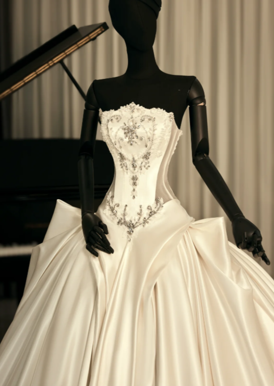 Pretty A-Line Strapless Long Wedding Dress White Bridal Dress Satin Bridal Dress ED11673