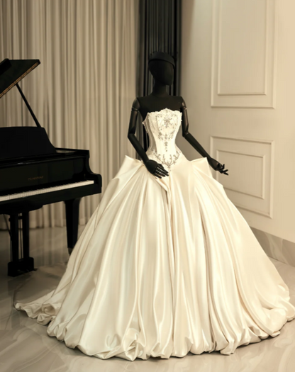 Pretty A-Line Strapless Long Wedding Dress White Bridal Dress Satin Bridal Dress ED11673