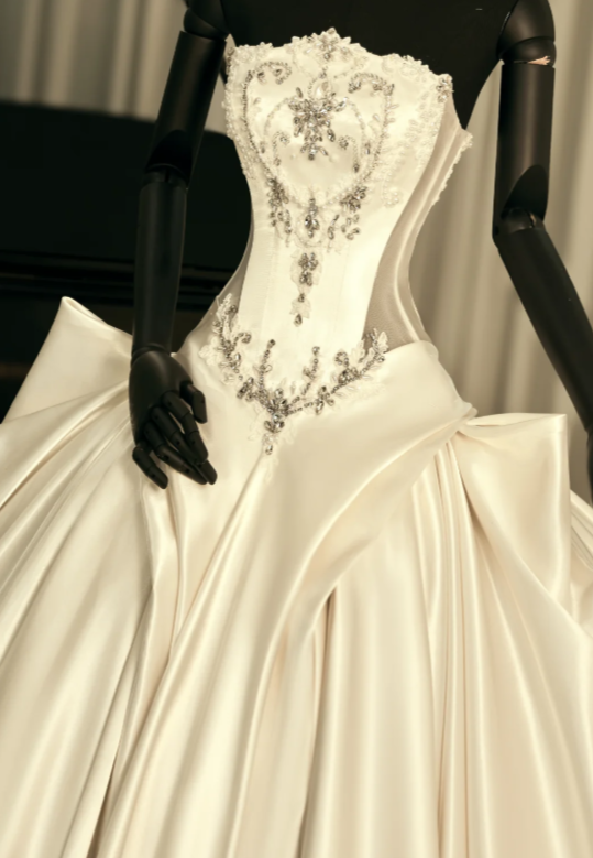 Pretty A-Line Strapless Long Wedding Dress White Bridal Dress Satin Bridal Dress ED11673