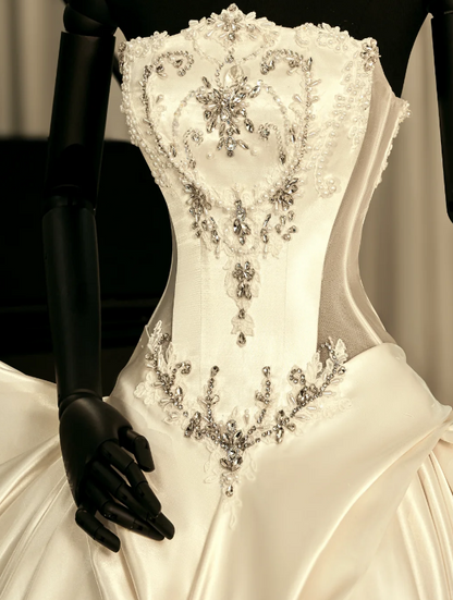 Pretty A-Line Strapless Long Wedding Dress White Bridal Dress Satin Bridal Dress ED11673