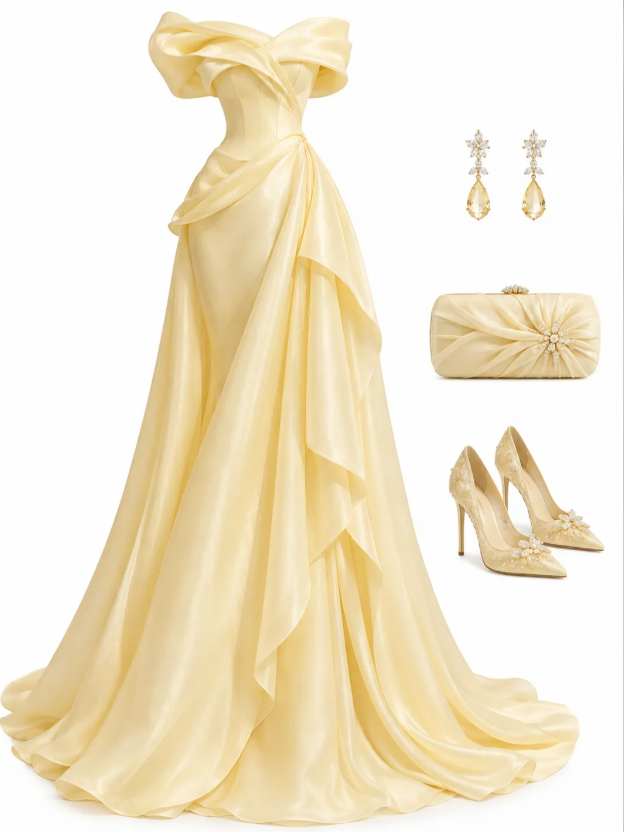Hübsches A-Linien-Abendkleid in Gelb mit schulterfreiem Ausschnitt, langes Chiffon-Brautkleid ED11675