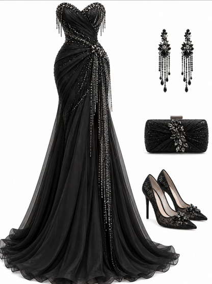 Charming  Sweetheart Sheath Tulle Long Evening Dress Navy Blue Prom Dress ED11676