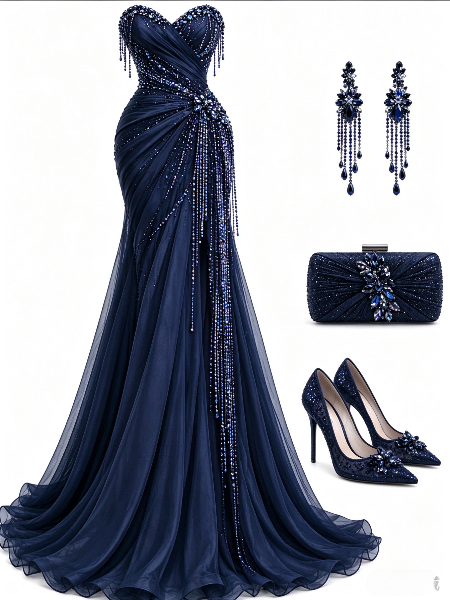 Charming  Sweetheart Sheath Tulle Long Evening Dress Navy Blue Prom Dress ED11676
