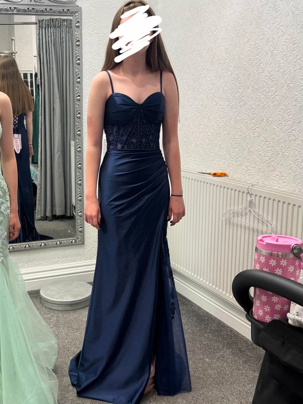 Charming  Straps Sheath Satin Long Evening Dress Navy Blue Prom Dress ED11677