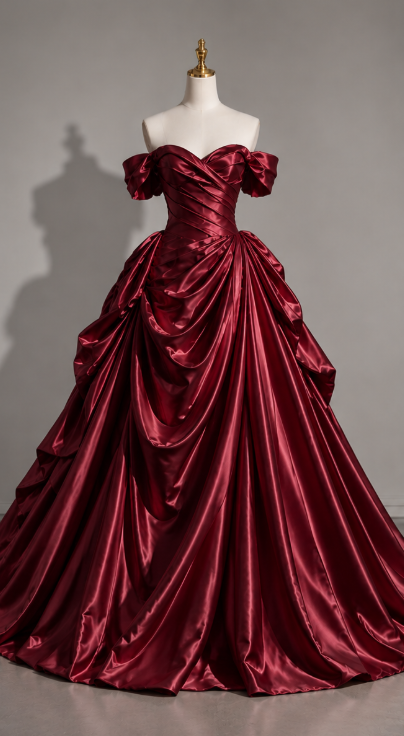Charming Off-shoulder A-Line Satin Long Evening Dress Burgundy Prom Dress ED11680