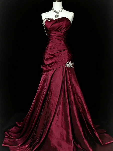 Charming Strapless A-Line Satin Long Evening Dress Burgundy Prom Dress ED11681