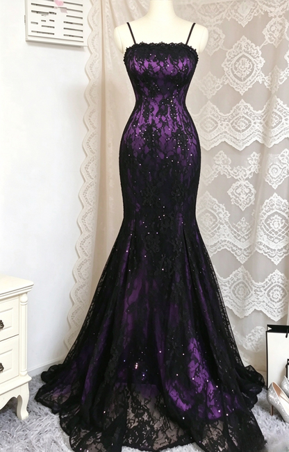Chic Straps Mermaid Lace Long Evening Dress Deep Purple Prom Dress ED11684