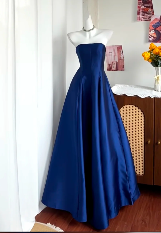 Chic Strapless A-Line Satin Long Evening Dress Dark Blue Prom Dress ED11685