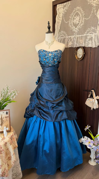 Chic Strapless A-Line Satin Long Evening Dress Blue Prom Dress ED11687