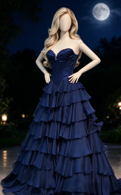 Chic Sweetheart A-Line Chiffon Long Evening Dress Navy Blue Prom Dress ED11688