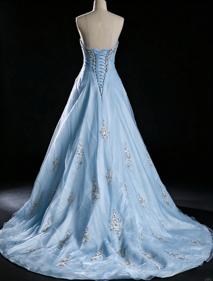 Chic Sweetheart A-Line Tulle Long Evening Dress Blue Prom Dress ED11689